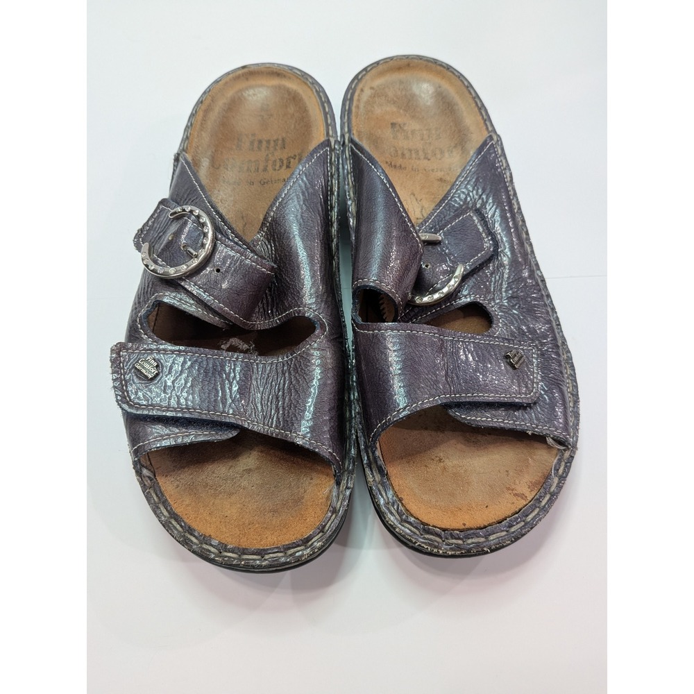 Finn Comfort Slide Sandals Womens 37 Purple  Metallic Leather Rhinestone Straps